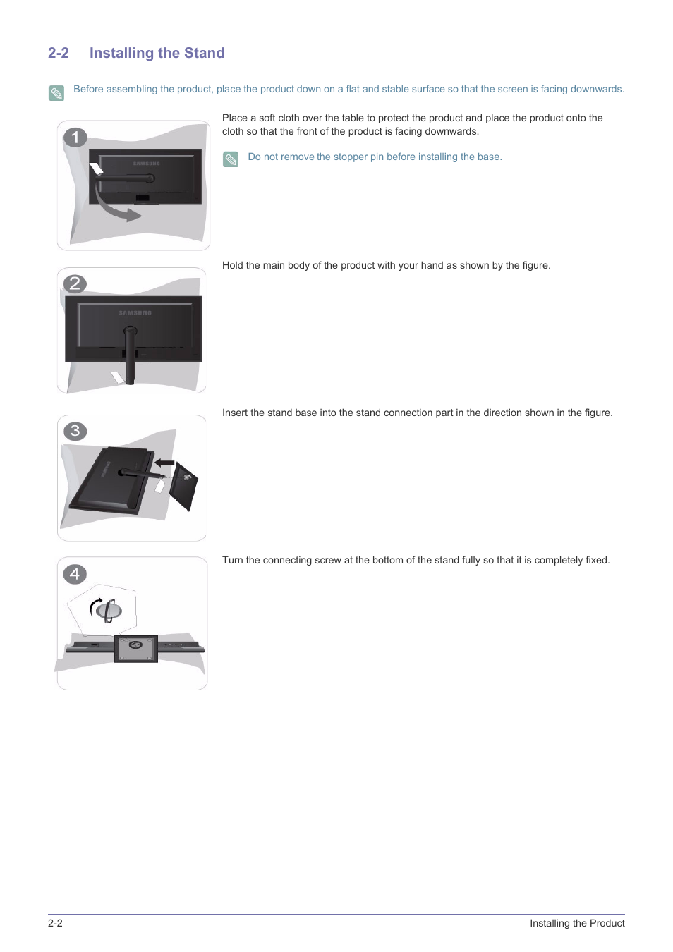 2 installing the stand, Installing the stand -2 | Samsung LS19NVBHBV-ZA User Manual | Page 12 / 45