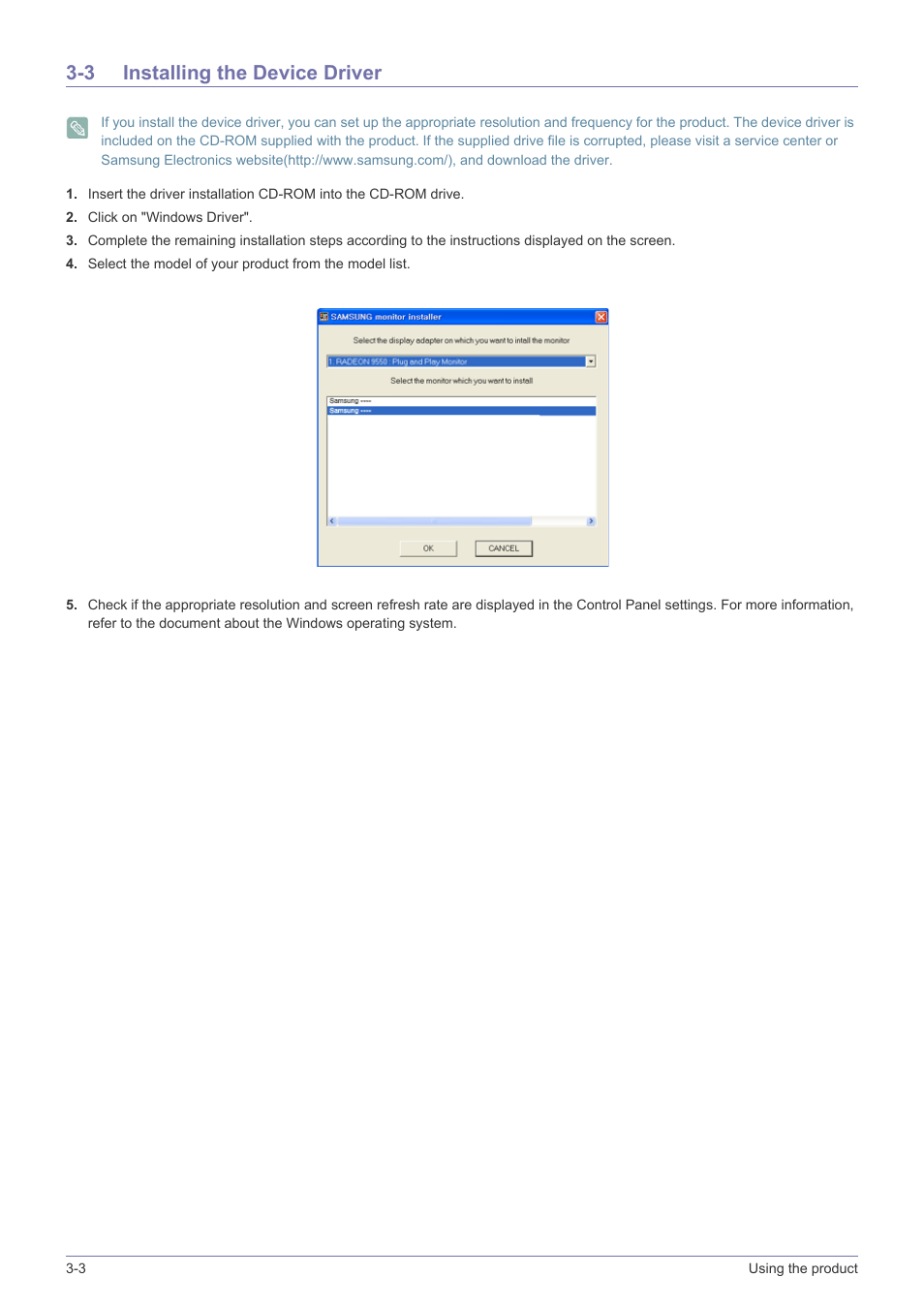 3 installing the device driver, Installing the device driver -3 | Samsung LS19NVBHBV-ZA User Manual | Page 22 / 45