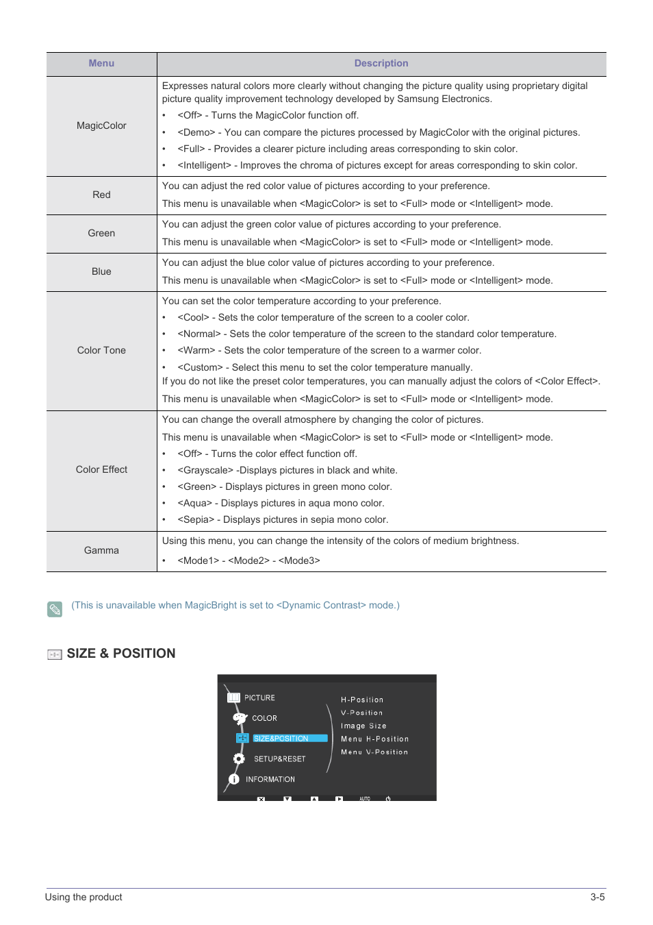 Size & position | Samsung LS19NVBHBV-ZA User Manual | Page 27 / 45