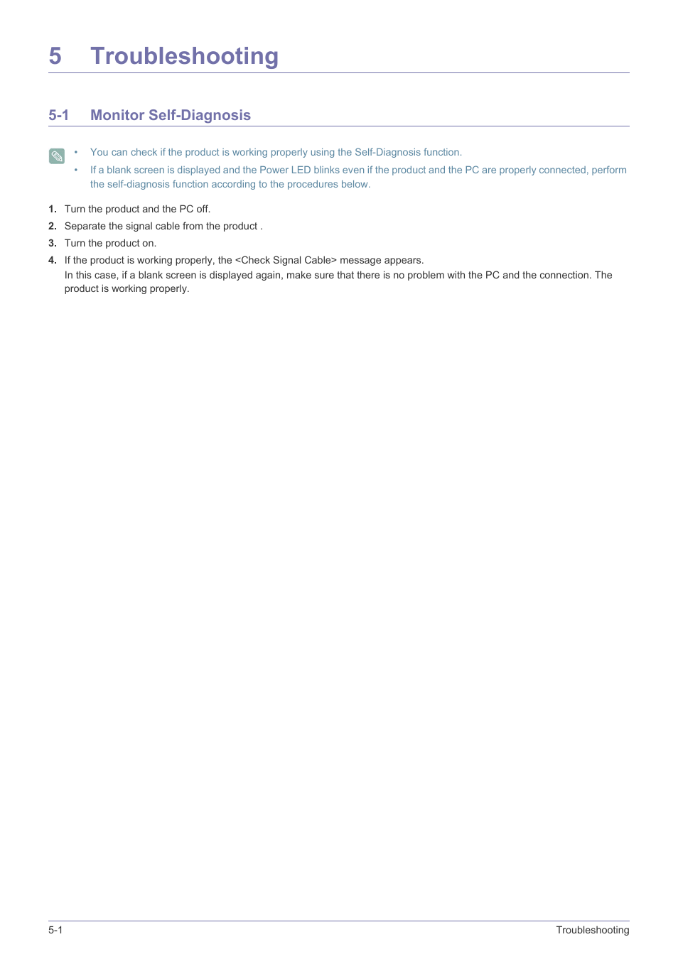 5 troubleshooting, 1 monitor self-diagnosis, Troubleshooting | Monitor self-diagnosis -1, 5troubleshooting | Samsung LS19NVBHBV-ZA User Manual | Page 36 / 45