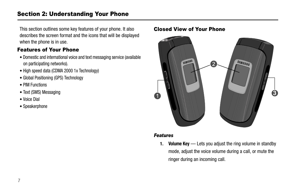 Section 2: understanding your phone, Features of your phone, Closed view of your phone | Features | Samsung SCH-R300ZKAXAR User Manual | Page 10 / 116