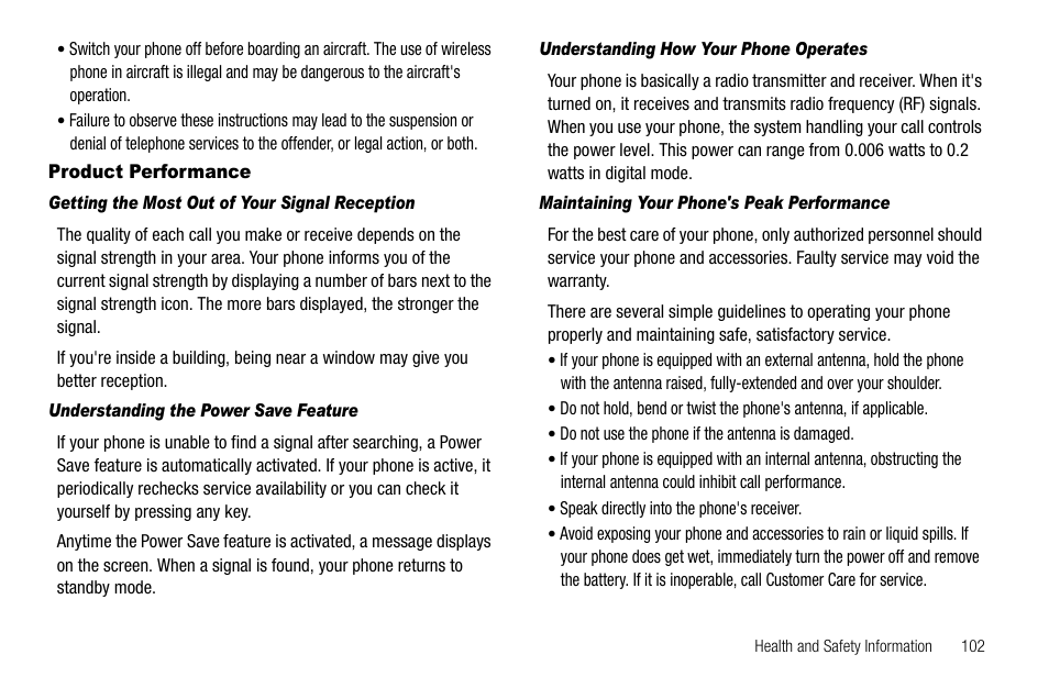 Product performance, Getting the most out of your signal reception, Understanding the power save feature | Understanding how your phone operates, Maintaining your phone's peak performance | Samsung SCH-R300ZKAXAR User Manual | Page 105 / 116