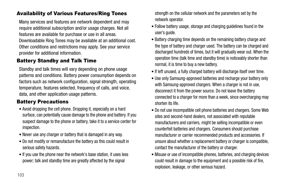 Availability of various features/ring tones, Battery standby and talk time, Battery precautions | Samsung SCH-R300ZKAXAR User Manual | Page 106 / 116