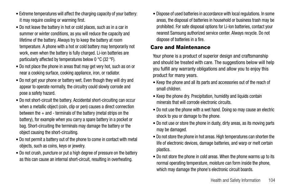 Care and maintenance | Samsung SCH-R300ZKAXAR User Manual | Page 107 / 116