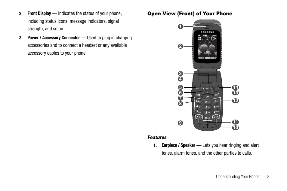 Open view (front) of your phone, Features | Samsung SCH-R300ZKAXAR User Manual | Page 11 / 116