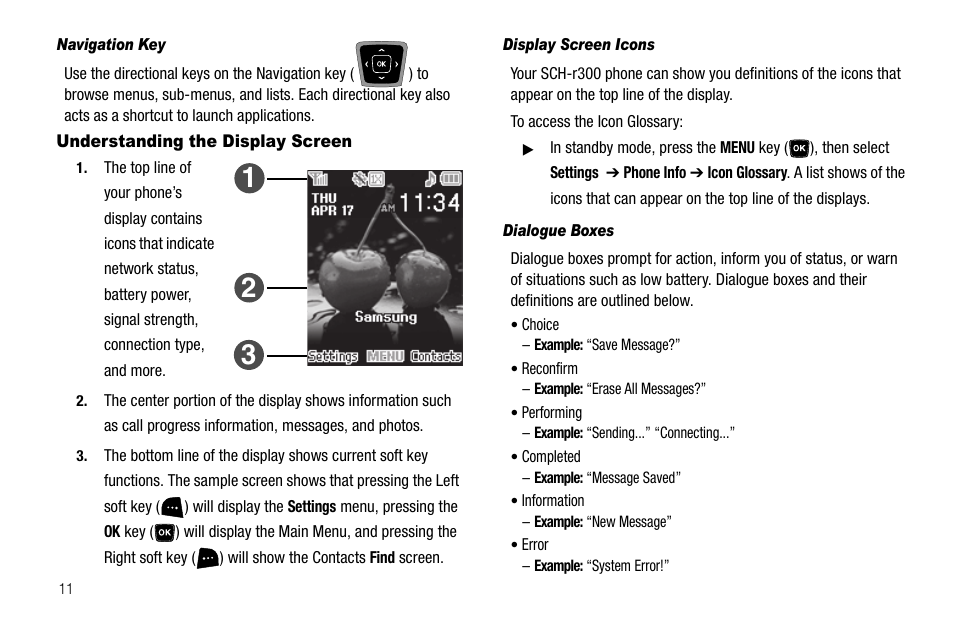 Navigation key, Understanding the display screen, Display screen icons | Dialogue boxes | Samsung SCH-R300ZKAXAR User Manual | Page 14 / 116