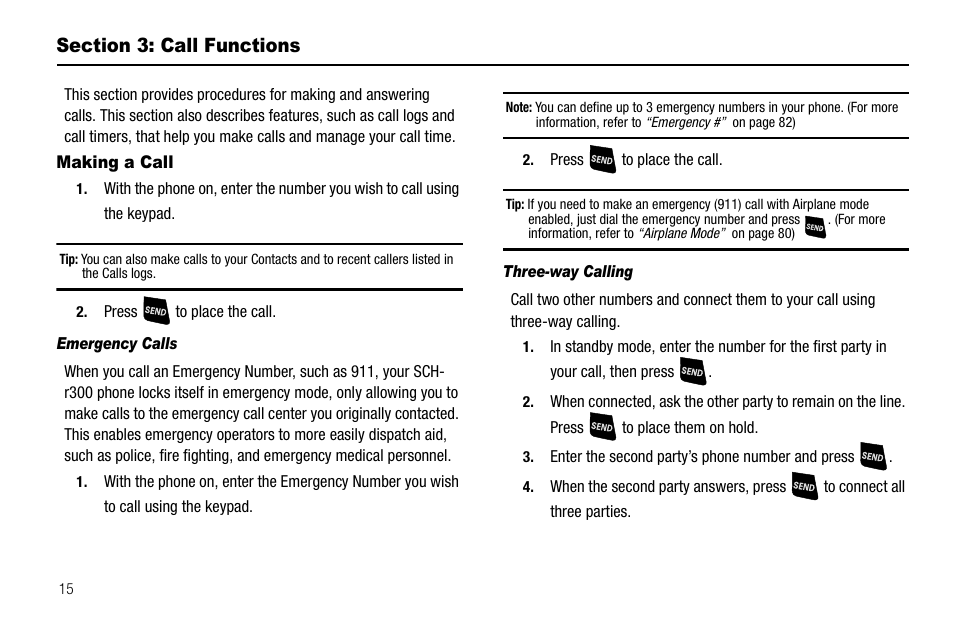 Section 3: call functions, Making a call, Emergency calls | Three-way calling | Samsung SCH-R300ZKAXAR User Manual | Page 18 / 116