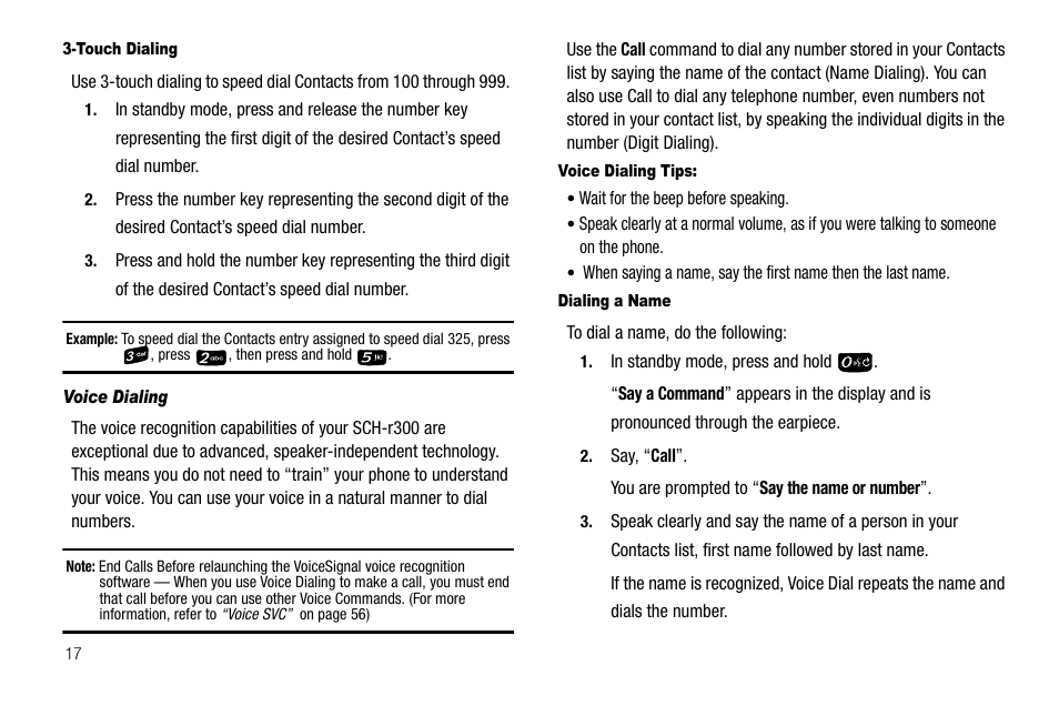 Touch dialing, Voice dialing, Voice dialing tips | Dialing a name | Samsung SCH-R300ZKAXAR User Manual | Page 20 / 116