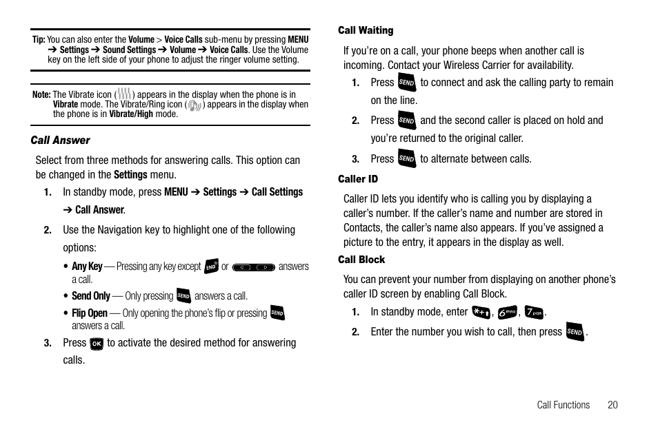 Call answer, Call waiting, Caller id | Call block | Samsung SCH-R300ZKAXAR User Manual | Page 23 / 116