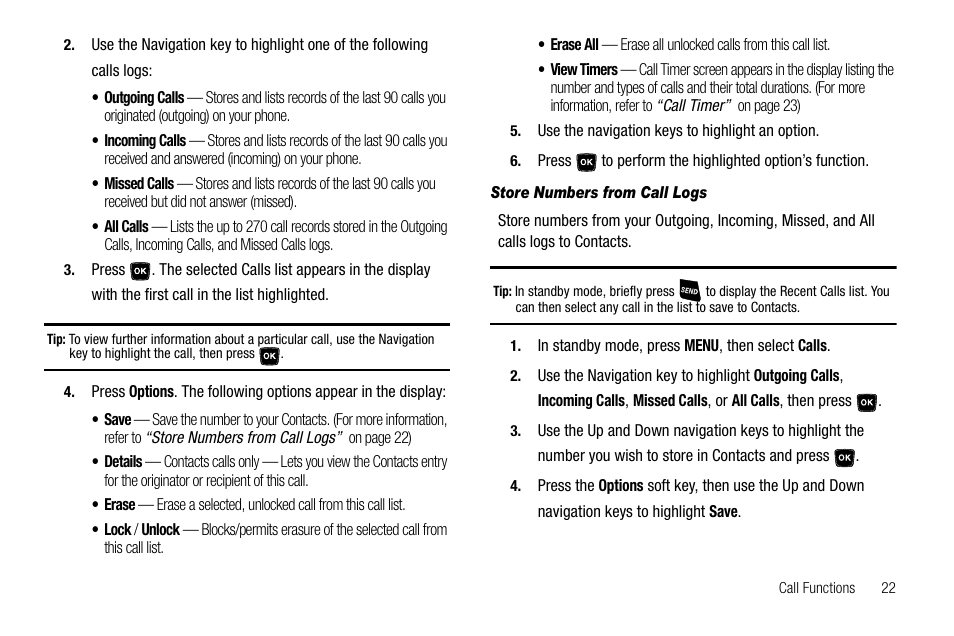 Store numbers from call logs | Samsung SCH-R300ZKAXAR User Manual | Page 25 / 116
