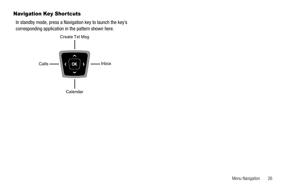 Navigation key shortcuts | Samsung SCH-R300ZKAXAR User Manual | Page 29 / 116