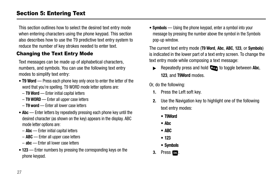 Section 5: entering text, Changing the text entry mode | Samsung SCH-R300ZKAXAR User Manual | Page 30 / 116
