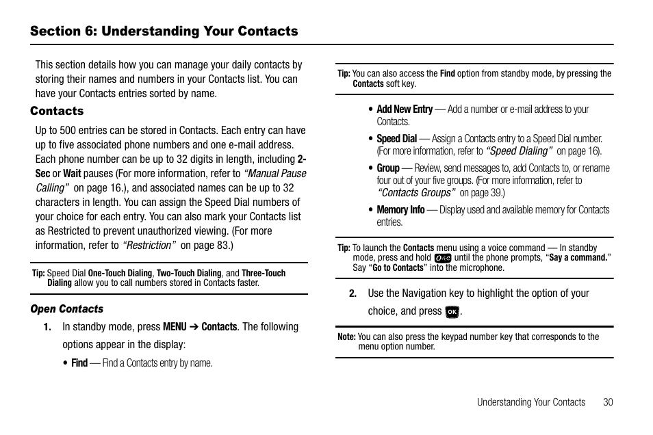 Section 6: understanding your contacts, Contacts, Open contacts | Samsung SCH-R300ZKAXAR User Manual | Page 33 / 116