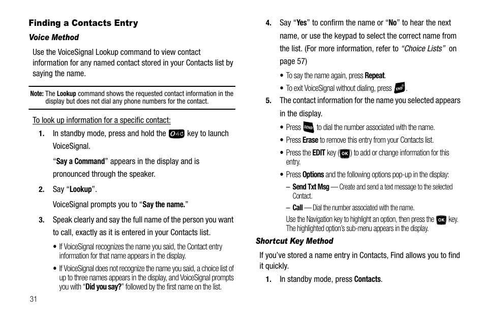 Finding a contacts entry, Voice method, Shortcut key method | Samsung SCH-R300ZKAXAR User Manual | Page 34 / 116