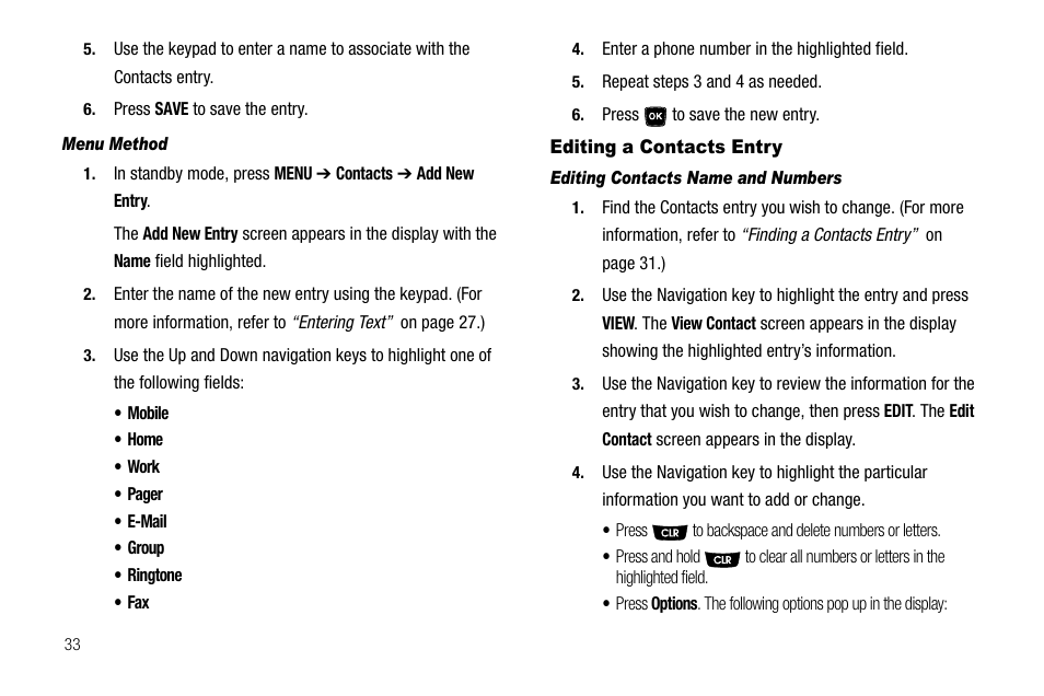 Menu method, Editing a contacts entry, Editing contacts name and numbers | Samsung SCH-R300ZKAXAR User Manual | Page 36 / 116