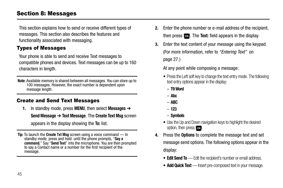 Section 8: messages, Types of messages, Create and send text messages | Samsung SCH-R300ZKAXAR User Manual | Page 48 / 116