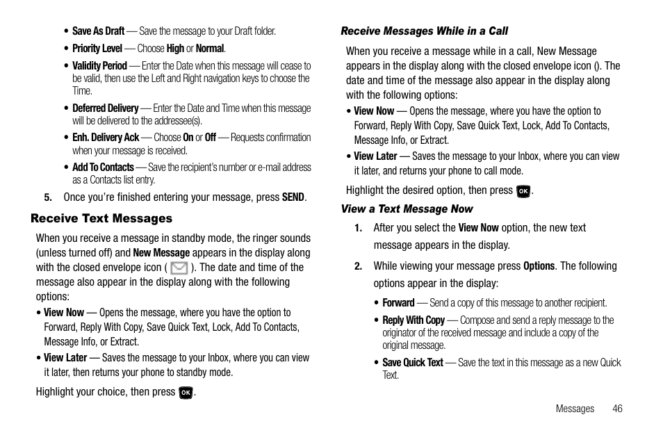Receive text messages, Receive messages while in a call, View a text message now | Samsung SCH-R300ZKAXAR User Manual | Page 49 / 116