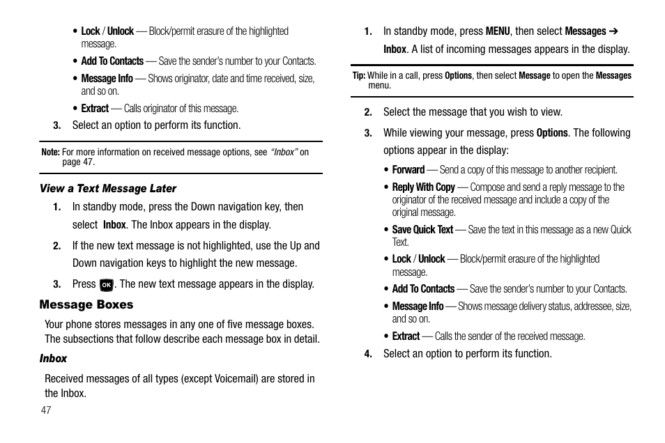 View a text message later, Message boxes, Inbox | Samsung SCH-R300ZKAXAR User Manual | Page 50 / 116