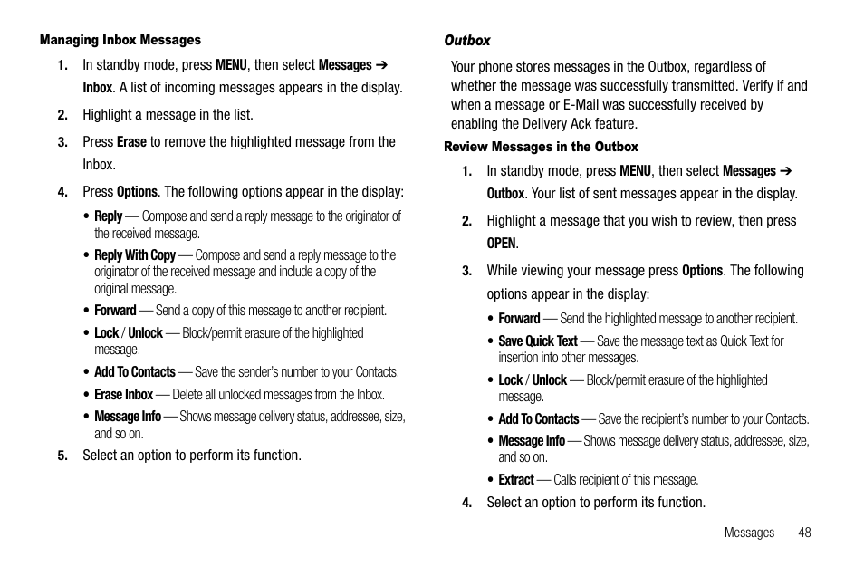 Managing inbox messages, Outbox, Review messages in the outbox | Samsung SCH-R300ZKAXAR User Manual | Page 51 / 116