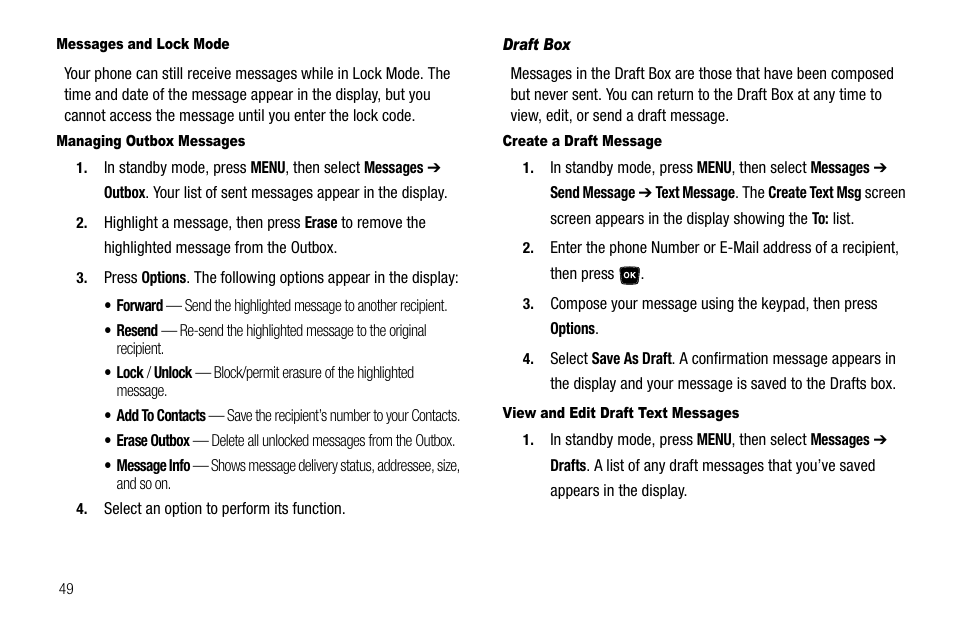 Messages and lock mode, Managing outbox messages, Draft box | Create a draft message, View and edit draft text messages | Samsung SCH-R300ZKAXAR User Manual | Page 52 / 116