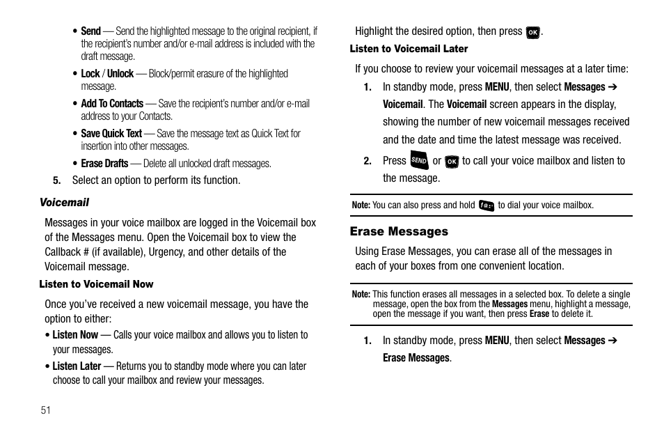 Voicemail, Listen to voicemail now, Listen to voicemail later | Erase messages | Samsung SCH-R300ZKAXAR User Manual | Page 54 / 116