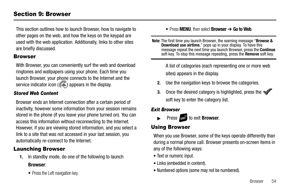 Section 9: browser, Browser, Stored web content | Launching browser, Exit browser, Using browser | Samsung SCH-R300ZKAXAR User Manual | Page 57 / 116