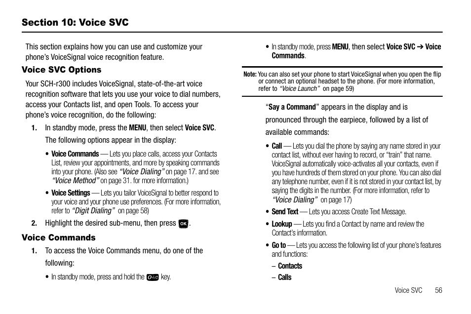 Section 10: voice svc, Voice svc options, Voice commands | Voice svc options voice commands | Samsung SCH-R300ZKAXAR User Manual | Page 59 / 116