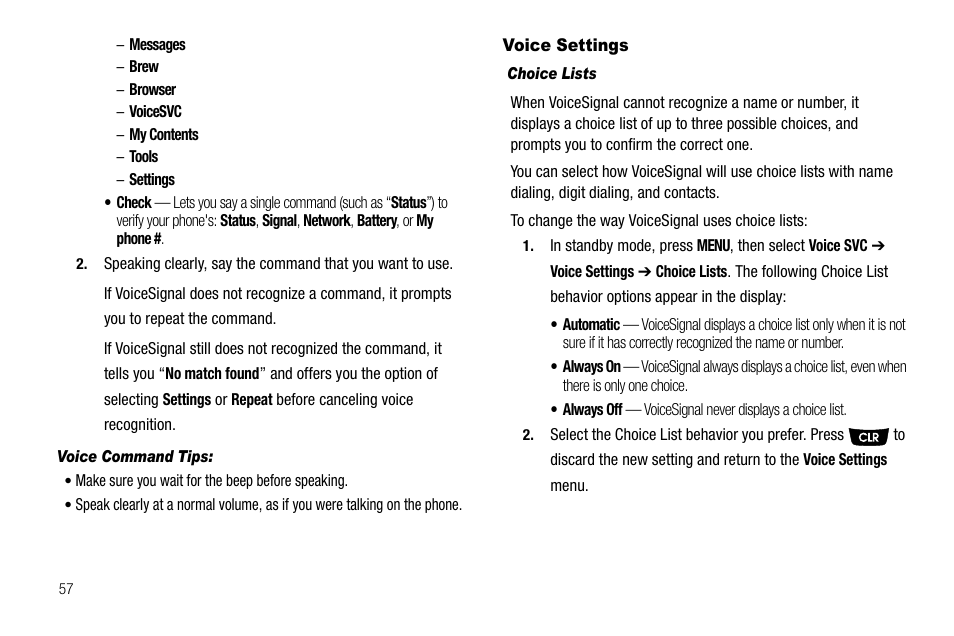 Voice command tips, Voice settings, Choice lists | Samsung SCH-R300ZKAXAR User Manual | Page 60 / 116