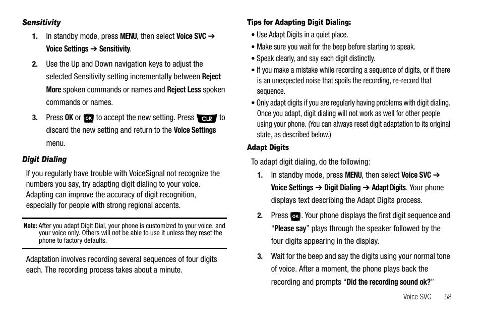 Sensitivity, Digit dialing, Tips for adapting digit dialing | Adapt digits | Samsung SCH-R300ZKAXAR User Manual | Page 61 / 116