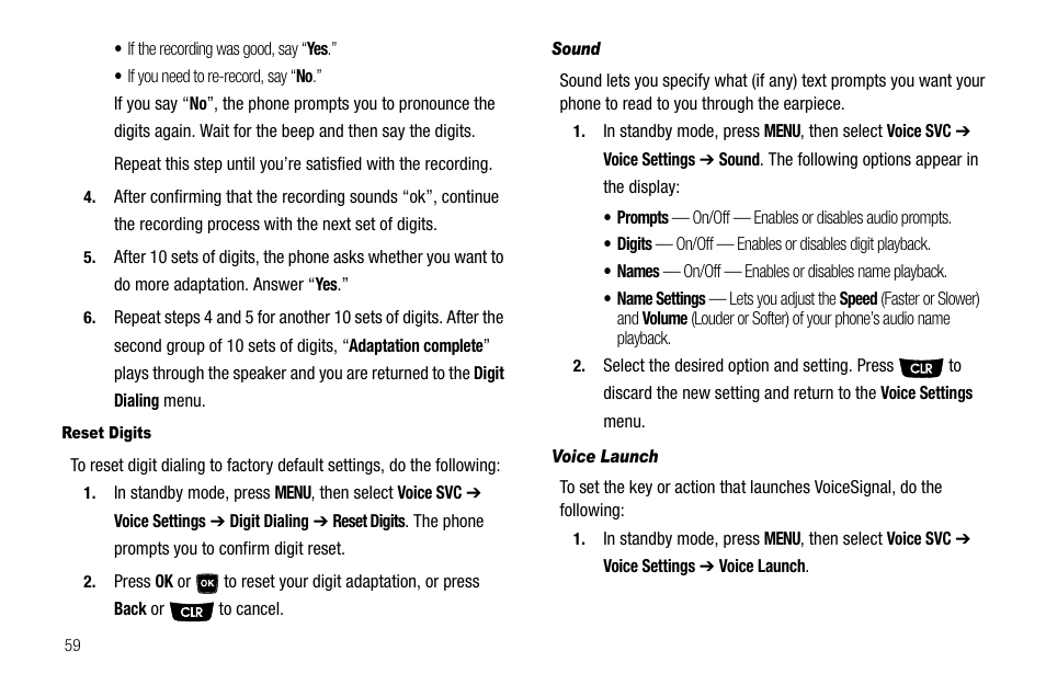 Reset digits, Sound, Voice launch | Samsung SCH-R300ZKAXAR User Manual | Page 62 / 116
