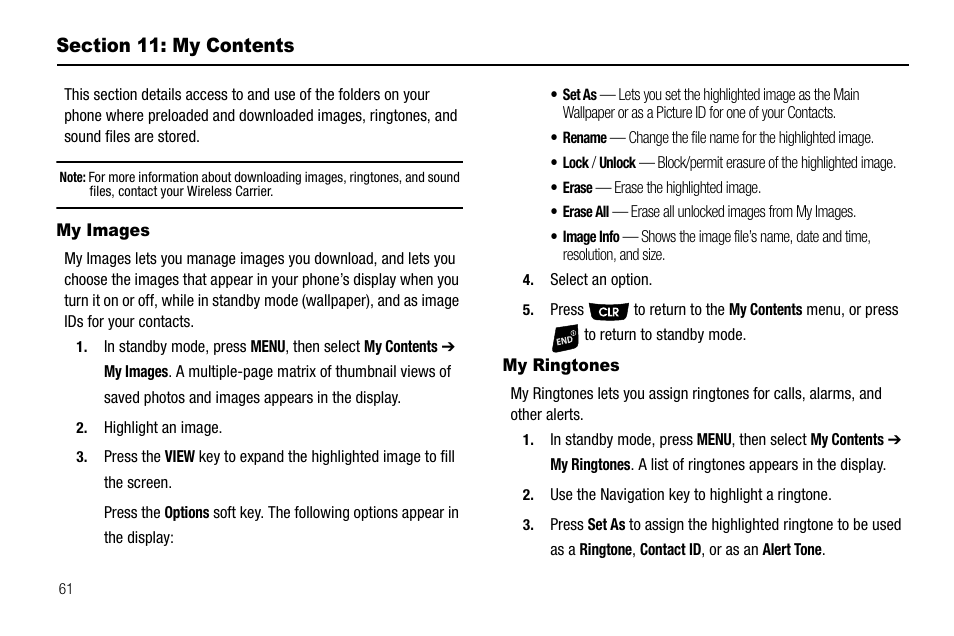 Section 11: my contents, My images, My ringtones | My images my ringtones, Es. (for more information, refer to | Samsung SCH-R300ZKAXAR User Manual | Page 64 / 116