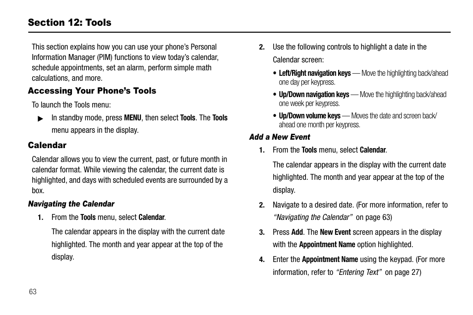 Section 12: tools, Accessing your phone’s tools, Calendar | Navigating the calendar, Add a new event, Accessing your phone’s tools calendar | Samsung SCH-R300ZKAXAR User Manual | Page 66 / 116