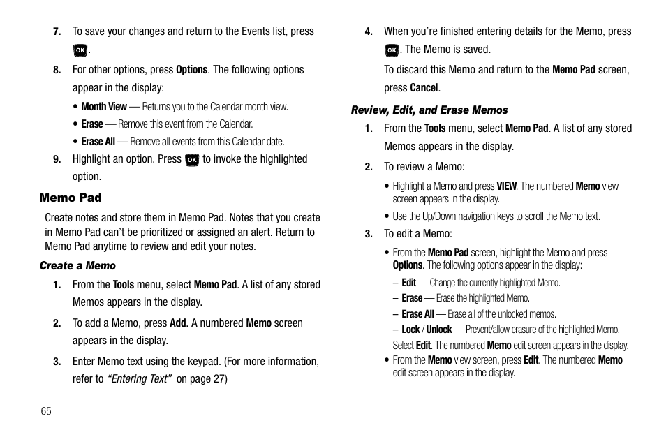 Memo pad, Create a memo, Review, edit, and erase memos | Samsung SCH-R300ZKAXAR User Manual | Page 68 / 116
