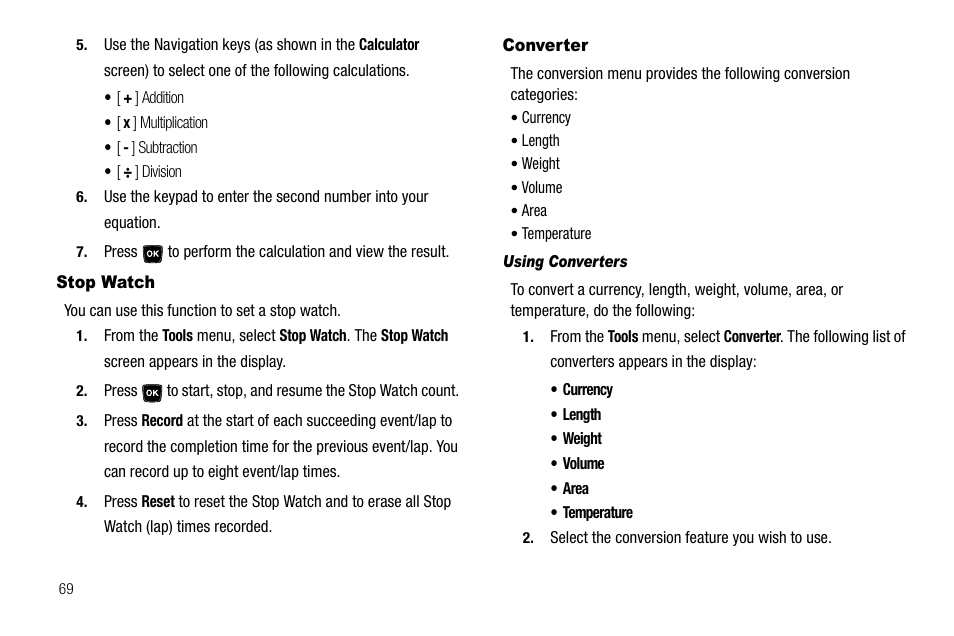 Stop watch, Converter, Using converters | Stop watch converter | Samsung SCH-R300ZKAXAR User Manual | Page 72 / 116