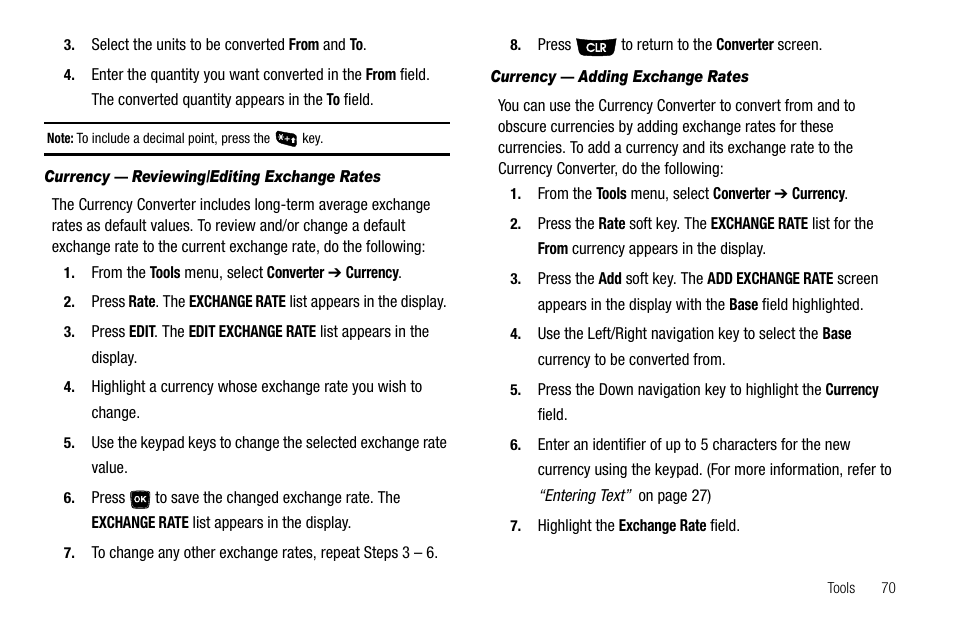 Currency - reviewing/editing exchange rates, Currency - adding exchange rates | Samsung SCH-R300ZKAXAR User Manual | Page 73 / 116