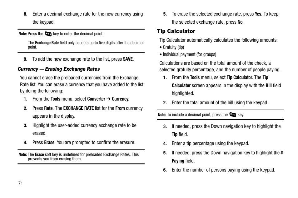 Currency - erasing exchange rates, Tip calculator | Samsung SCH-R300ZKAXAR User Manual | Page 74 / 116