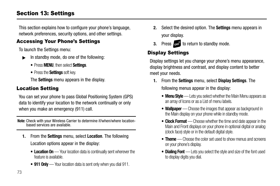 Section 13: settings, Accessing your phone’s settings, Location setting | Display settings | Samsung SCH-R300ZKAXAR User Manual | Page 76 / 116