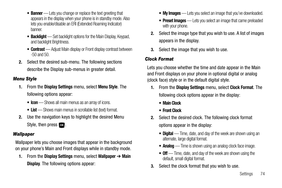 Menu style, Wallpaper, Clock format | Samsung SCH-R300ZKAXAR User Manual | Page 77 / 116