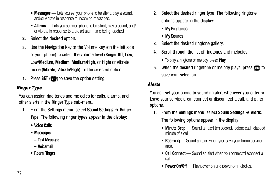 Ringer type, Alerts | Samsung SCH-R300ZKAXAR User Manual | Page 80 / 116