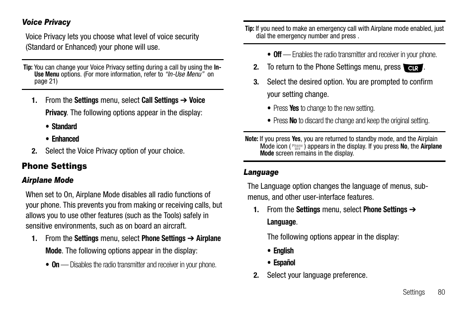 Voice privacy, Phone settings, Airplane mode | Language, Y (911) call with airplane mode, For more | Samsung SCH-R300ZKAXAR User Manual | Page 83 / 116