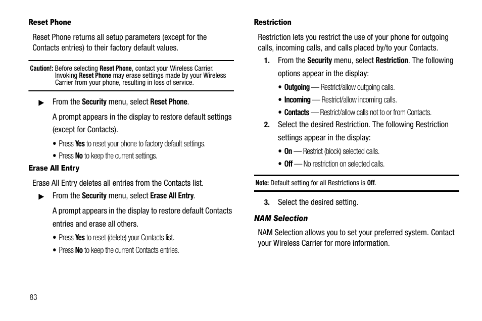 Reset phone, Erase all entry, Restriction | Nam selection | Samsung SCH-R300ZKAXAR User Manual | Page 86 / 116