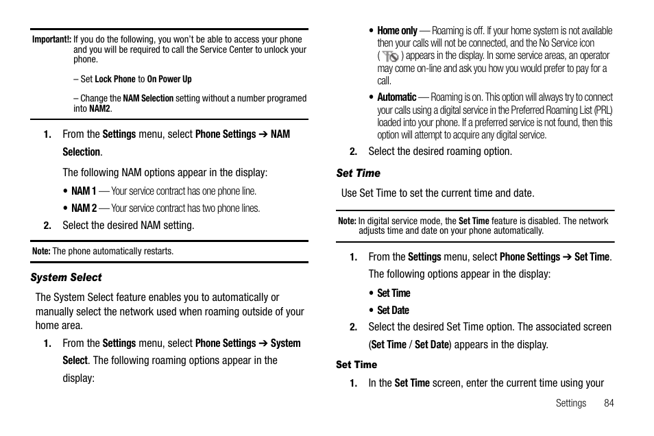 System select, Set time | Samsung SCH-R300ZKAXAR User Manual | Page 87 / 116