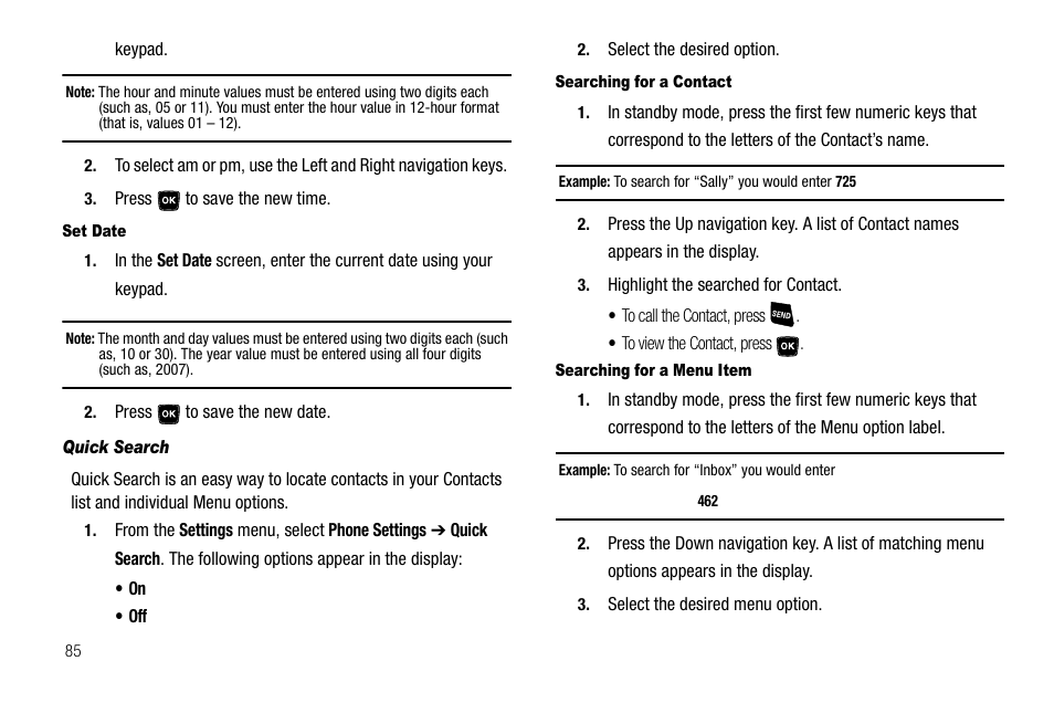 Set date, Quick search, Searching for a contact | Searching for a menu item | Samsung SCH-R300ZKAXAR User Manual | Page 88 / 116