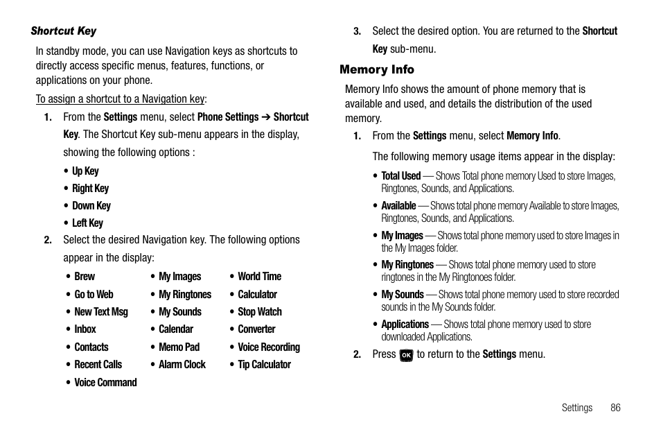 Shortcut key, Memory info | Samsung SCH-R300ZKAXAR User Manual | Page 89 / 116