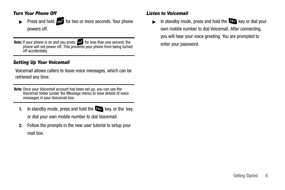 Turn your phone off, Setting up your voicemail, Listen to voicemail | Samsung SCH-R300ZKAXAR User Manual | Page 9 / 116