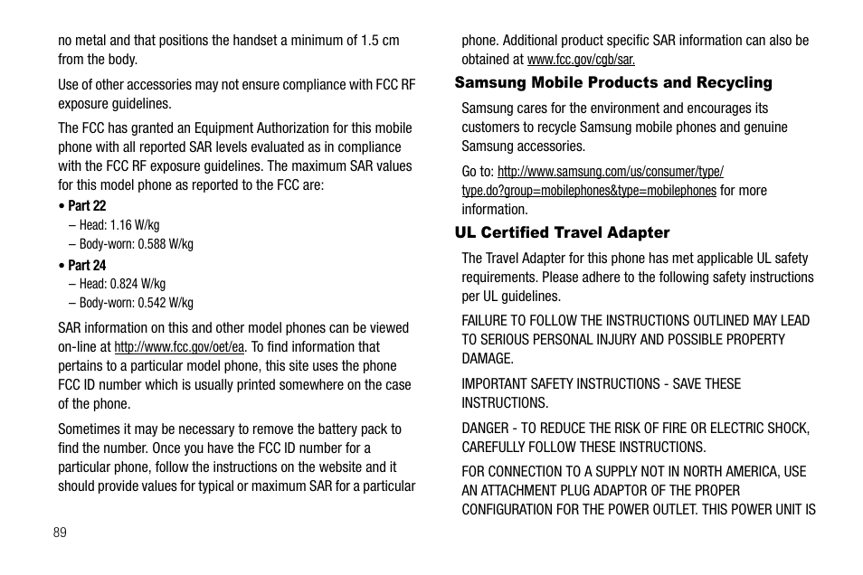 Samsung mobile products and recycling, Ul certified travel adapter | Samsung SCH-R300ZKAXAR User Manual | Page 92 / 116