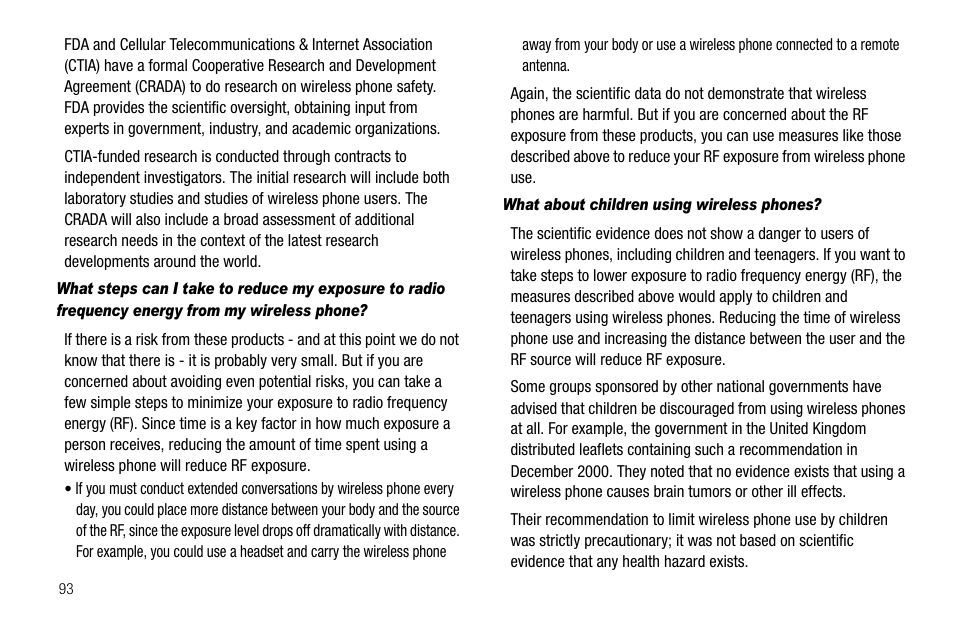 What about children using wireless phones | Samsung SCH-R300ZKAXAR User Manual | Page 96 / 116