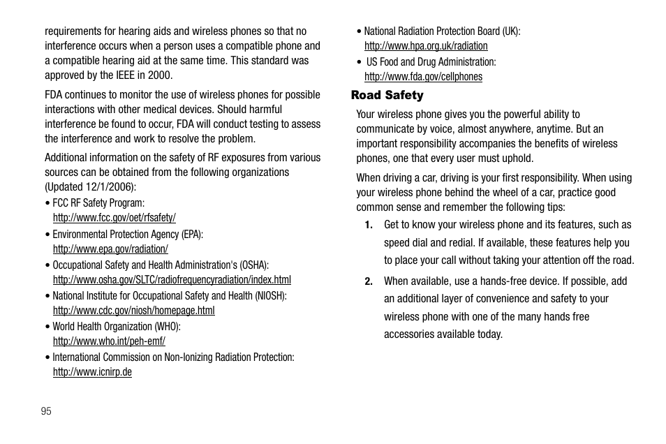 Road safety | Samsung SCH-R300ZKAXAR User Manual | Page 98 / 116