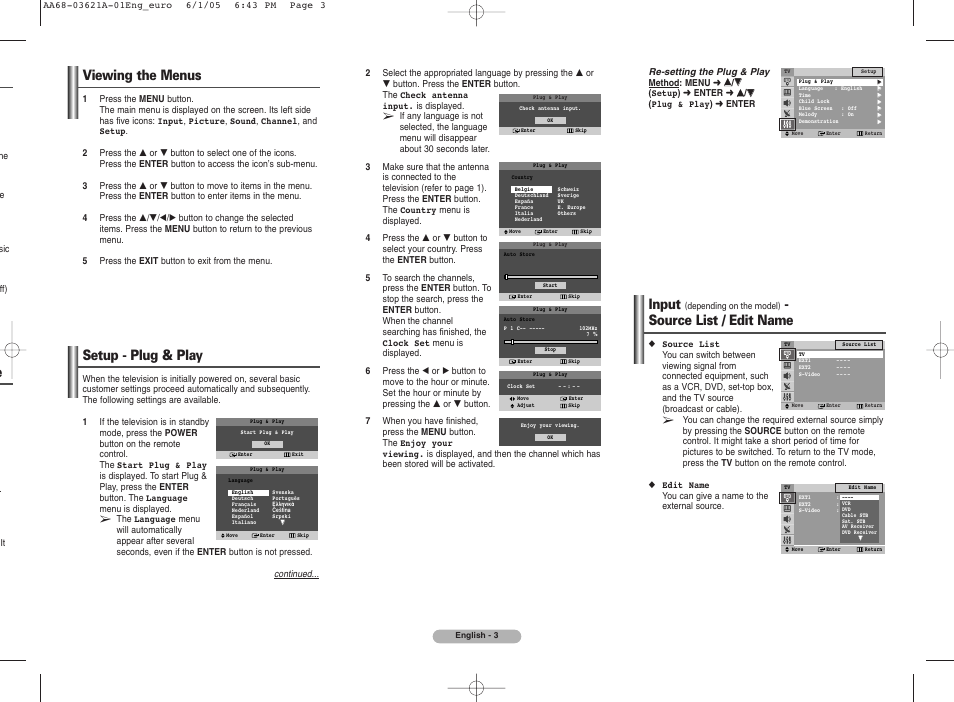 Viewing the menus, Setup - plug & play, Input - source list / edit name | Input, Source list / edit name | Samsung CW25M064N2XXEC User Manual | Page 3 / 8