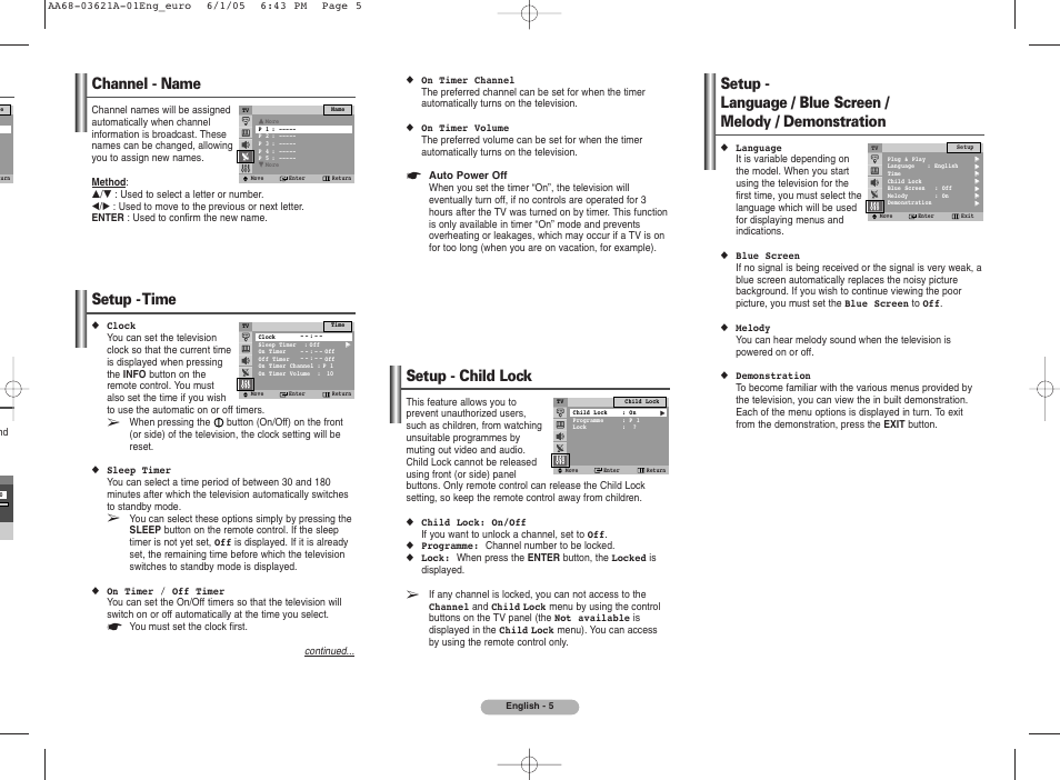 Channel - name, Setup - time, Setup - child lock | Samsung CW25M064N2XXEC User Manual | Page 5 / 8